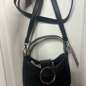 Stylish Black Crossbody Shoulder Bag with Metal Ring Accent